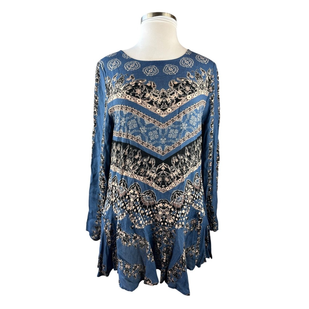 Free People Smooth Talker Tunic Mini Dress Geometric Boho Festival LS Blue Large - Picture 4 of 16